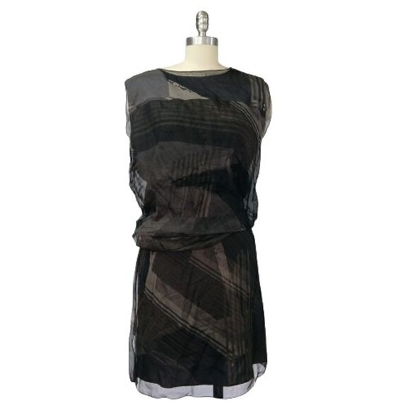 Reed Krakoff Gray Silk Dress Size 8 Blouson Chiffon Overlay Print Asymmetric - Picture 1 of 16